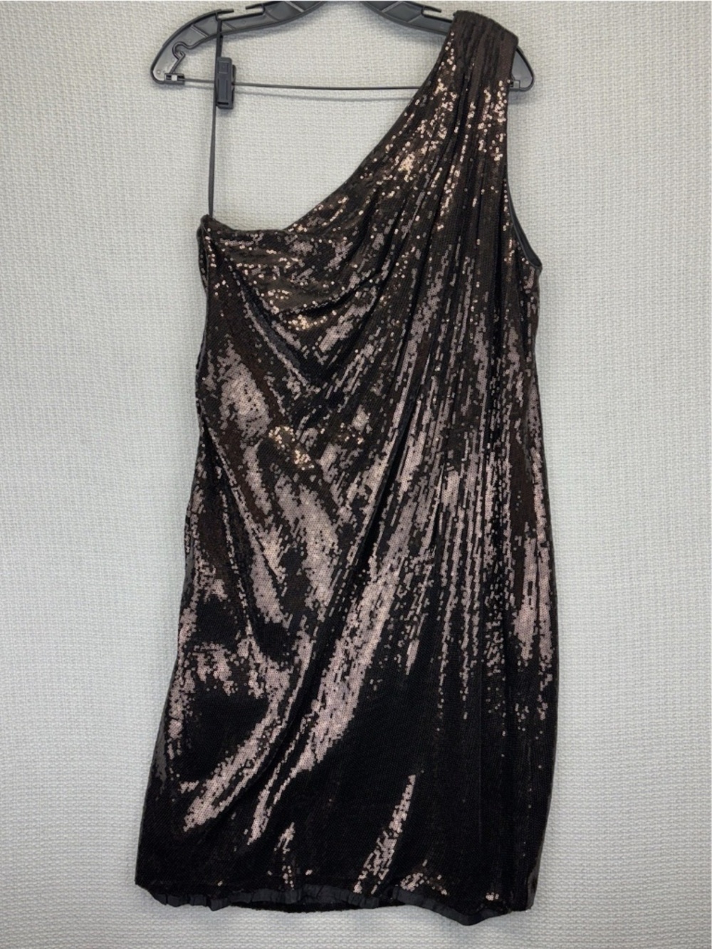 Badgley Mischka One Shoulder Bronze/Brown Sequined Mini Cocktail Party Dress XL - Picture 6 of 10